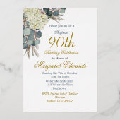 90. Floral Elegant Foto Blue Birthday Folieneinladung (Rückseite)