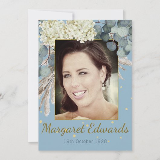 90. Floral Gold Überraschung Elegantes Foto Geburt Einladung (Rückseite)