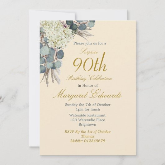 90. Floral Neutrale Creme Elegantes Foto Geburtsta Einladung (Vorderseite)