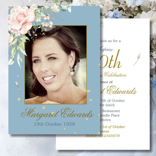 90. Floral Rose Gold Blue Elegantes Foto Geburtsta Einladung