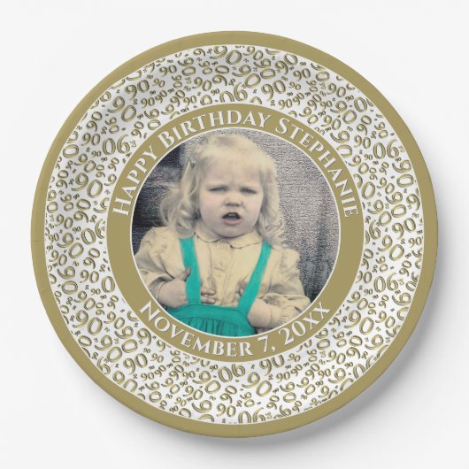 90 Foto Random Number Pattern Gold/Weiß Pappteller (Vorderseite)