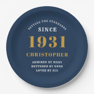 90. Geburtstag 1931 Blue Gold Liebe Personalisiert Pappteller