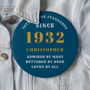 90. Geburtstag 1932 Elegant Blue Gold Name Year Button