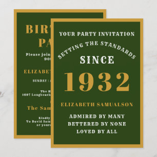 90. Geburtstag 1932 Elegantes grünes Goldene Namen Einladung