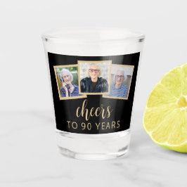 90. Geburtstag 3-Foto Black Gold Script Cheers Schnapsglas
