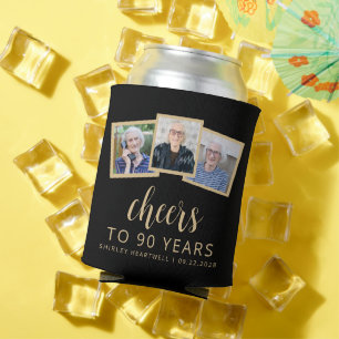 90. Geburtstag 3-Foto Schwarz Gold Schrift Cheers Dosenkühler