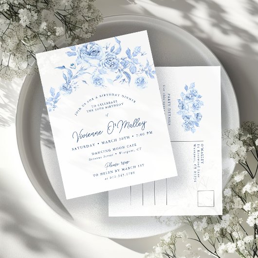 90. Geburtstag Abendessen Party Blue Floral Einladungspostkarte