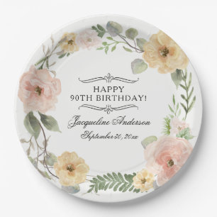 90. Geburtstag Aquarell Gelbe Rosen Pappteller