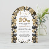 90. Geburtstag Ballon Gold Black Sparkle Einladung (Stehend Vorderseite)