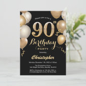 90. Geburtstag Black and Gold Balloons Confetti Einladung (Stehend Vorderseite)