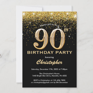 90. Geburtstag Black and Gold Glitzer Confetti Einladung