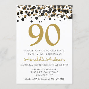 90. Geburtstag Black Gold Glitzer Sparkle Confetti Einladung