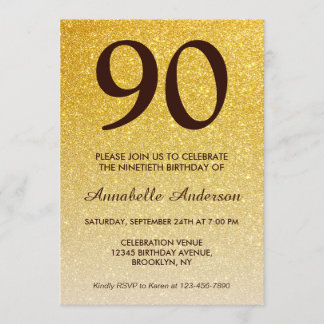90. Geburtstag Black Gold Glitzer Sparkle Ombre Einladung