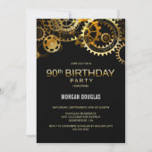 90. Geburtstag Black Gold Steampunk Uhren Gears Einladung (Vorderseite)