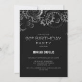90. Geburtstag Black Silver Steampunk Uhren Gears Einladung (Vorderseite)