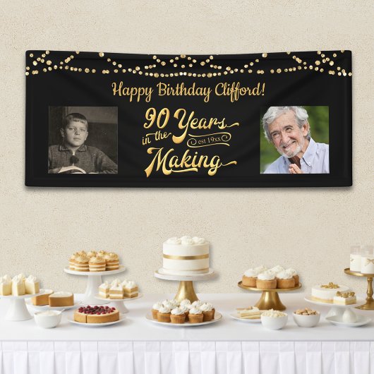 90. Geburtstag Black String Lights Retro Foto Banner