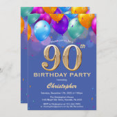 90. Geburtstag Blau und Gold farbige Ballons Einladung (Vorne/Hinten)