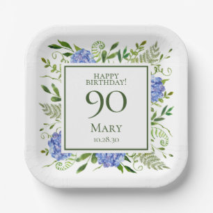 90. Geburtstag Blaue Hortensien Pappteller