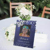 90. Geburtstag blaue Silberstars Foto willkommen Sockelschild