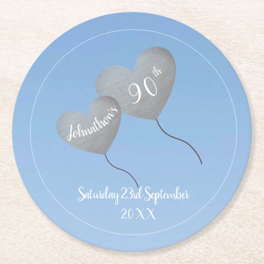 90. Geburtstag blauer Himmel & Silberballon Runder Pappuntersetzer (Vorderseite)