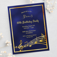 90. Geburtstag blauer Musiknoten Einladung