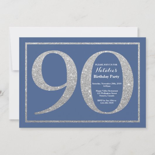 90. Geburtstag Blauer und Silberner Glitzer Einladung (Vorderseite)