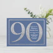 90. Geburtstag Blauer und Silberner Glitzer Einladung (Stehend Vorderseite)