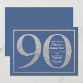 90. Geburtstag Blauer und Silberner Glitzer Einladung (Vorne/Hinten)