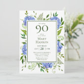 90. Geburtstag Blue Hydrangeas Einladung (Stehend Vorderseite)