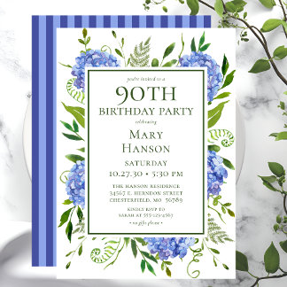90. Geburtstag Blue Hydrangeas Floral Wasserfarbe Einladung