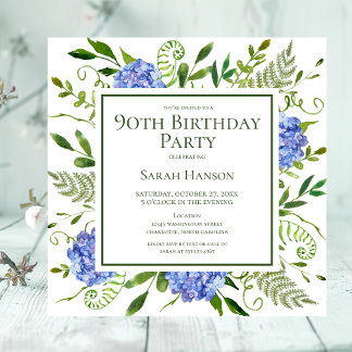 90. Geburtstag Blue Hydrangeas Floral Wasserfarbe Einladung