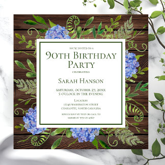 90. Geburtstag Blue Hydrangeas Floral Wasserfarbe Einladung