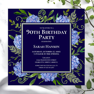 90. Geburtstag Blue Hydrangeas Floral Wasserfarbe Einladung