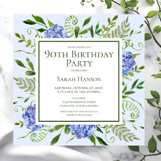 90. Geburtstag Blue Hydrangeas Floral Wasserfarbe Einladung