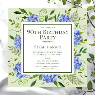 90. Geburtstag Blue Hydrangeas Floral Wasserfarbe Einladung