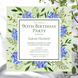 90. Geburtstag Blue Hydrangeas Floral Wasserfarbe Einladung
