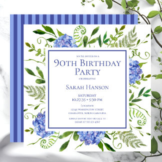 90. Geburtstag Blue Hydrangeas Floral Wasserfarbe Einladung