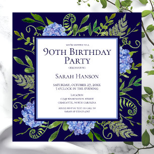 90. Geburtstag Blue Hydrangeas Floral Wasserfarbe Einladung