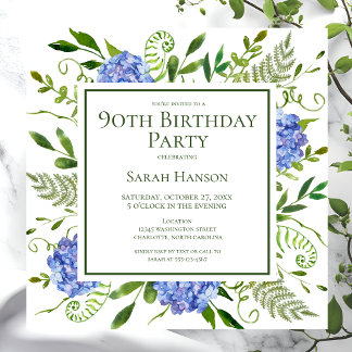 90. Geburtstag Blue Hydrangeas Floral Wasserfarbe Einladung