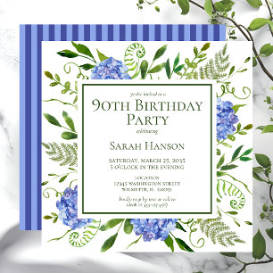 90. Geburtstag Blue Hydrangeas Floral Wasserfarbe Einladung