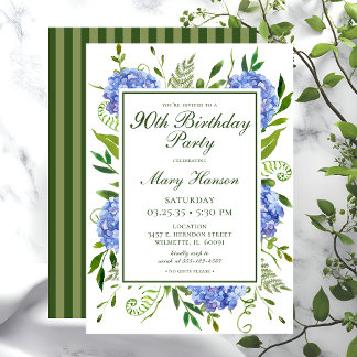 90. Geburtstag Blue Hydrangeas Floral Wasserfarbe Einladung