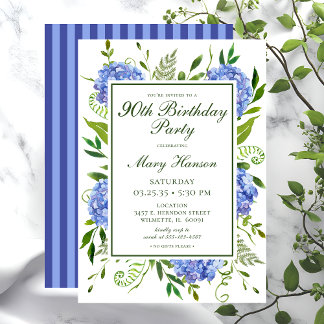 90. Geburtstag Blue Hydrangeas Floral Wasserfarbe Einladung