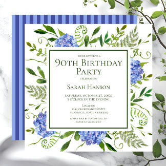 90. Geburtstag Blue Hydrangeas Floral Wasserfarbe Einladung