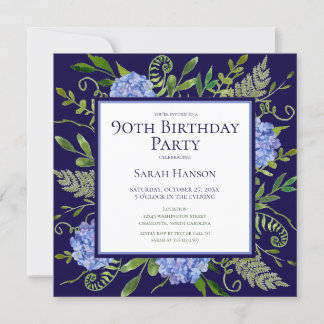 90. Geburtstag Blue Hydrangeas Floral Wasserfarbe Einladung
