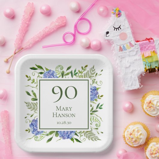 90. Geburtstag Blue Hydrangeas Pappteller (Party)