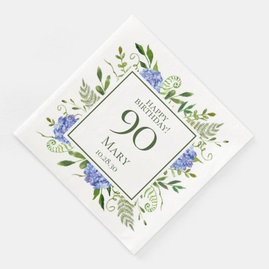 90. Geburtstag Blue Hydrangeas Serviette (Ecke)