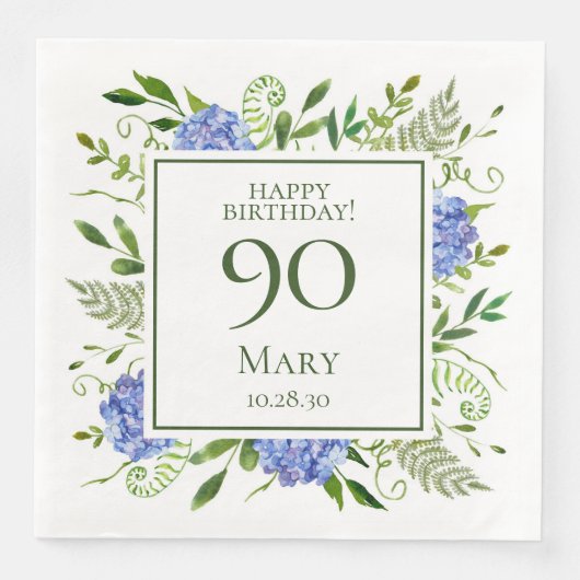 90. Geburtstag Blue Hydrangeas Serviette (Vorderseite)