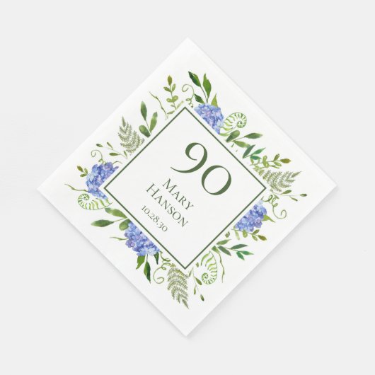 90. Geburtstag Blue Hydrangeas Serviette (Ecke)