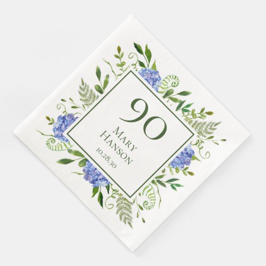 90. Geburtstag Blue Hydrangeas Serviette (Ecke)