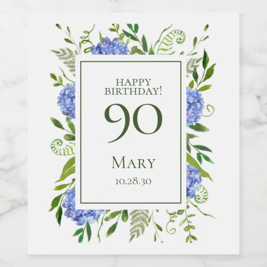 90. Geburtstag Blue Hydrangeas Weinetikett (Einzelnes Label)